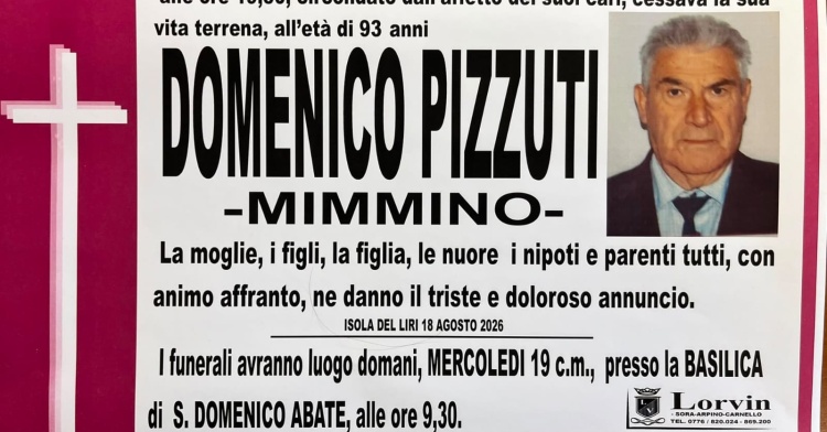 ISOLA LIRI - SI E' SPENTO DOMENICO PIZZUTI