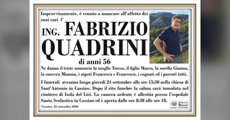 ISOLALIRI/CASSINO - DOMANI I FUNERALI DELL'INGEGNERE FABRIZIO QUADRINI