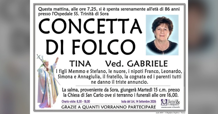 ISOLA LIRI - SI E' SPENTA CONCETTA DI FOLCO