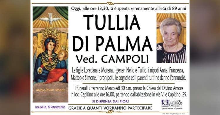 ISOLA LIRI - SI E' SPENTA TULLIA DI PALMA