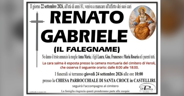 CASTELLIRI - SI E' SPENTO RENATO GABRIELE