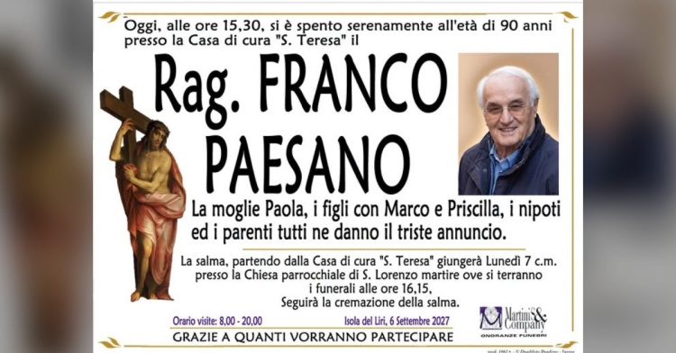 ISOLA LIRI - SI E' SPENTO IL RAGIONIER FRANCO PAESANO