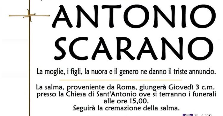 ISOLA LIRI - SI E' SPENTO ANTONIO SCARANO