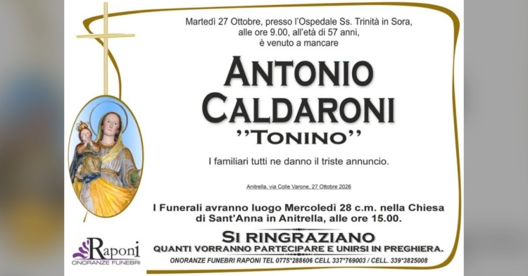 ANITRELLA - SI E' SPENTO ANTONIO CALDARONI