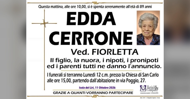 ISOLA LIRI - SI E' SPENTA EDDA CERRONE