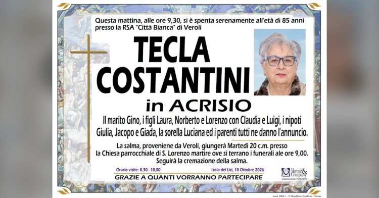 ISOLA LIRI - SI E' SPENTA TECLA COSTANTINI