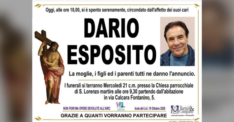 ISOLA/CASTELLIRI - SI E' SPENTO DARIO ESPOSITO