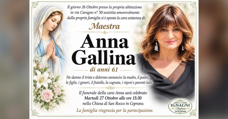 CEPRANO - SI E' SPENTA LA MAESTRA ANNA GALLINA