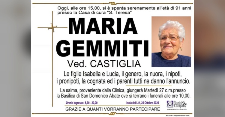 ISOLA LIRI - SI E' SPENTA MARIA GEMMITI