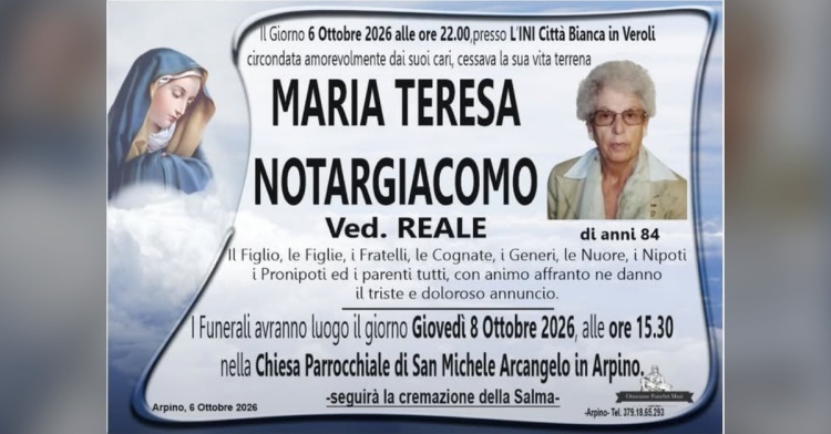 ARPINO - SI E' SPENTA MARIA TERESA NOTARGIACOMO