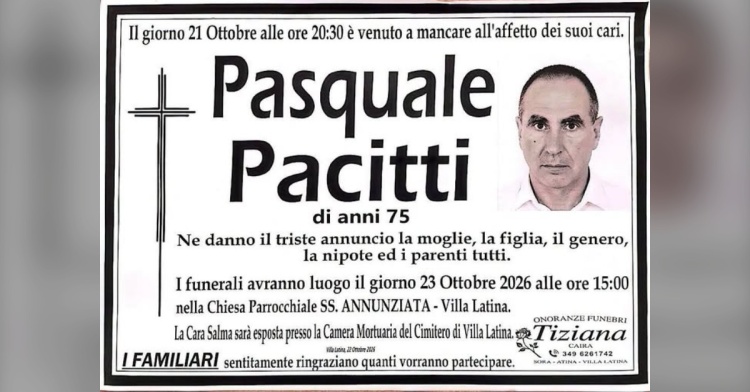 VILLA LATINA - DOMANI I FUNERALI DI PASQUALE PACITTI