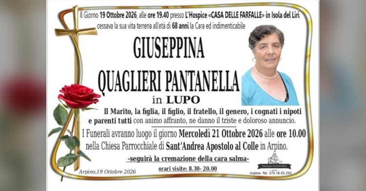 ARPINO - SI E' SPENTA GIUSEPPINA QUAGLIERI PANTANELLA