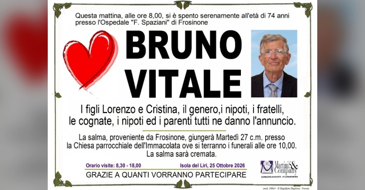ISOLA LIRI - SI E' SPENTO BRUNO VITALE